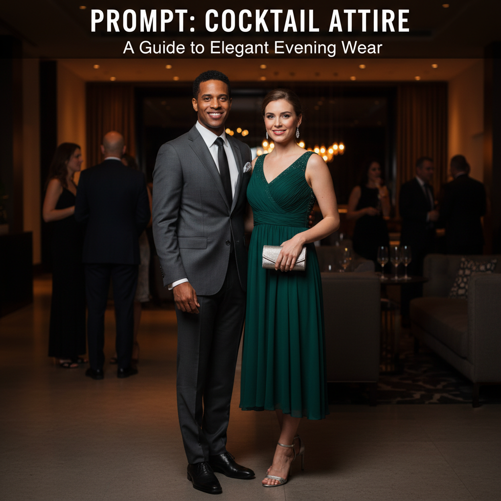 A man in a suit and a woman in a cocktail dress at an elegant, softly lit evening event.