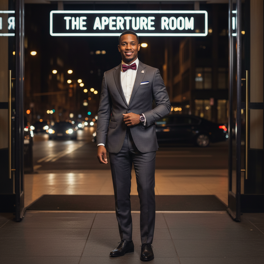 Stylish man in tailored cocktail attire stands confidently at a chic city event entrance at night.