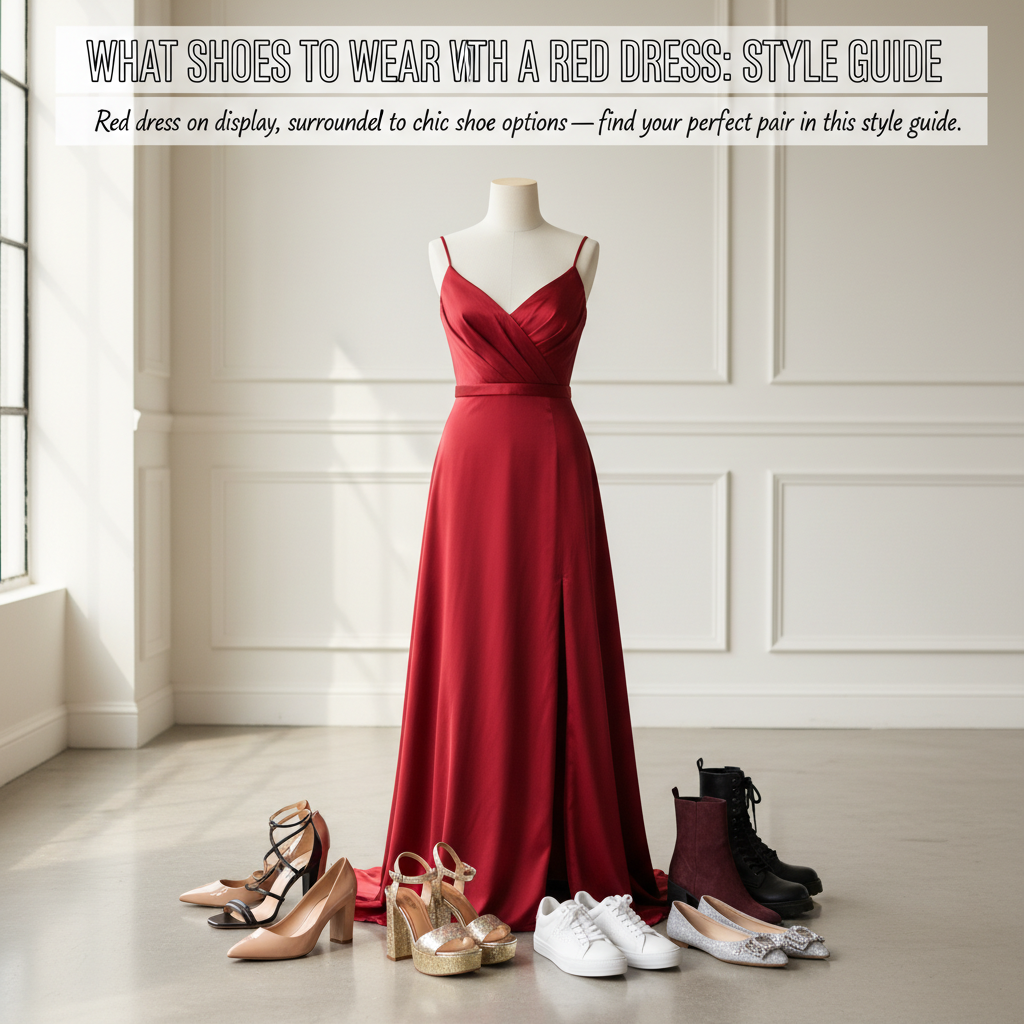 Red dress on display, surrounded by chic shoe options—find your perfect pair in this style guide.