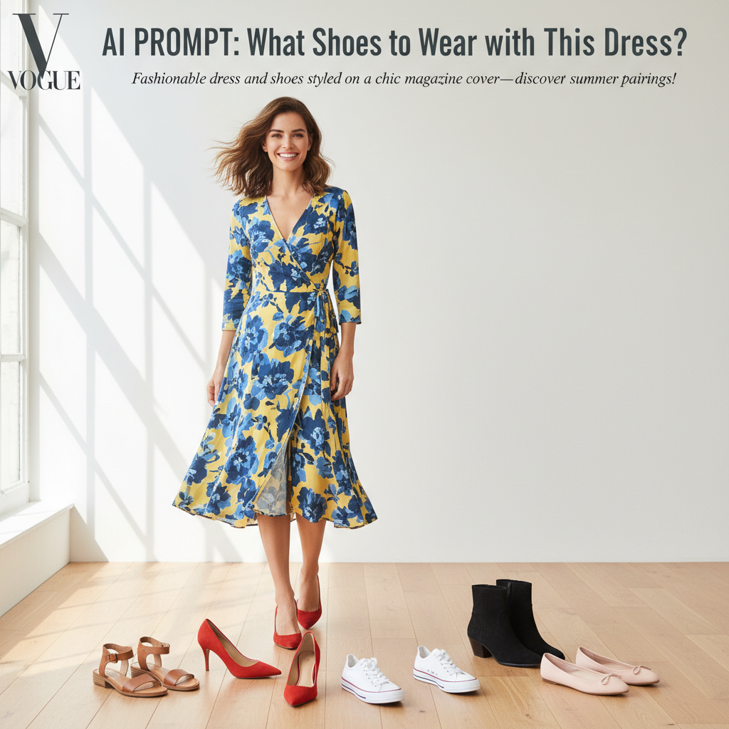 Fashionable dress and shoes styled on a chic magazine cover—discover perfect summer pairings!