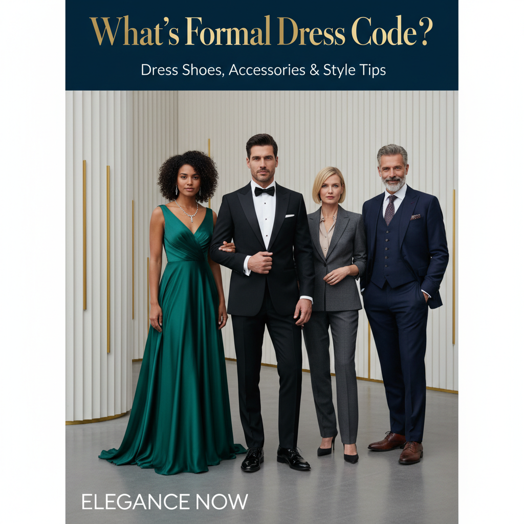 What's Formal Dress Code? Elegantly dressed group showcases tuxedos, gowns, suits, and style tips.