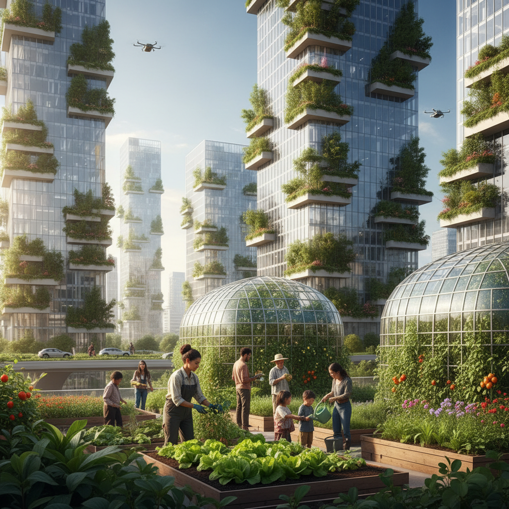 The future of urban farming with city skyscrapers, rooftop gardens, and people growing fresh produce