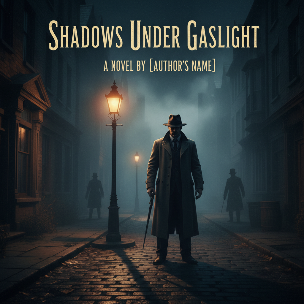 Photorealistic book cover showing a detective in foggy Victorian streets, under moody gaslight at night.