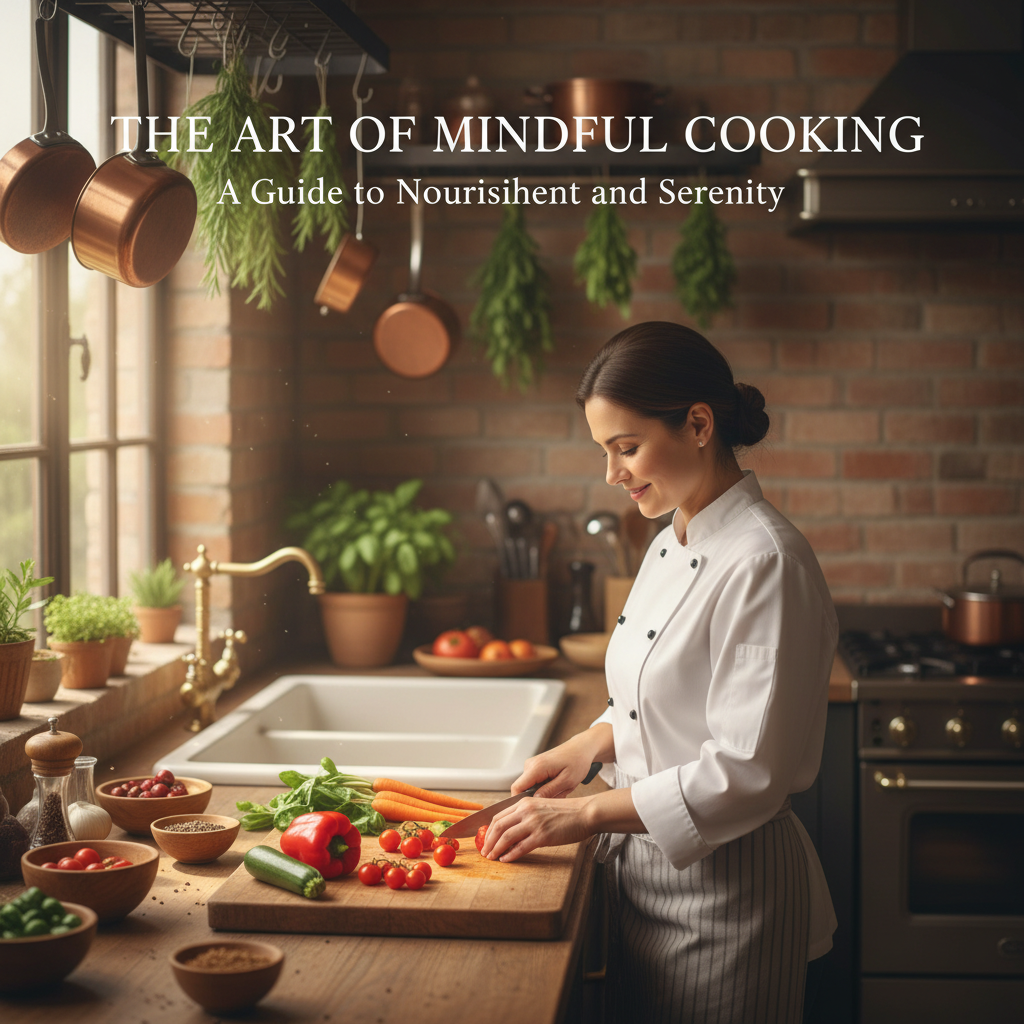 A peaceful chef chops vegetables in a sunlit kitchen, evoking calm and inspiration for mindful cooking.