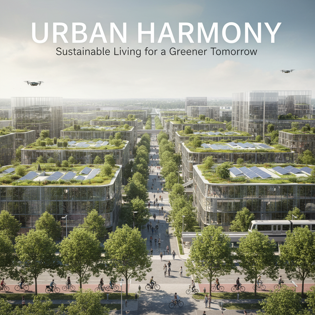 A modern cityscape with green rooftops, solar panels, and people biking on tree-lined urban streets.